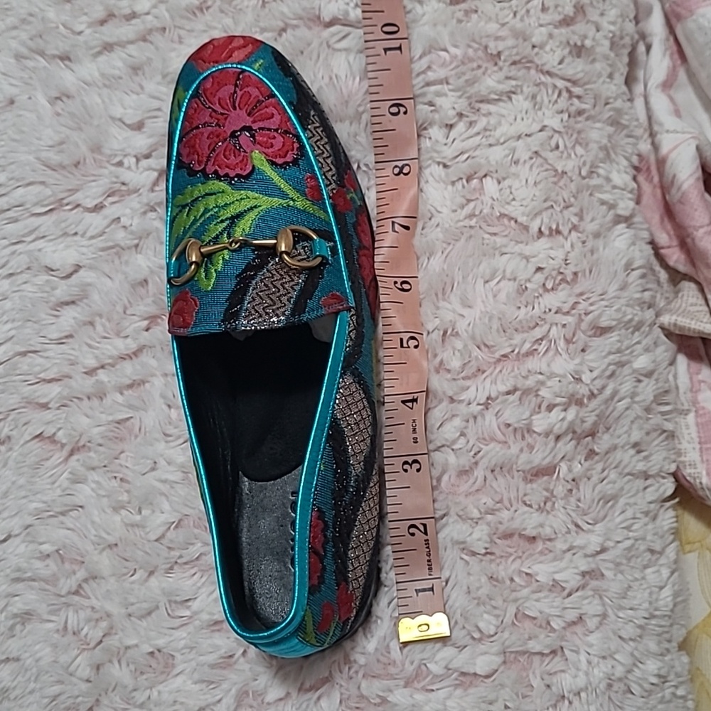 Gucci Tapastry Brocade Nappa Silk Blue and Pink Floral Horsebit Loafers Size 37 - Picture 6 of 6